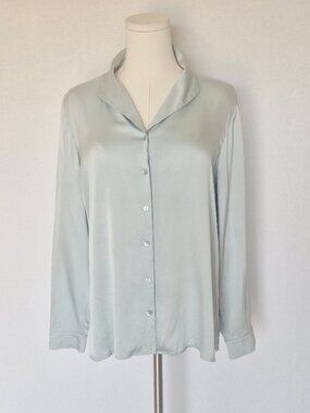Vintage EILEEN FISHER Satin Silk Button-Up Shirt Long Sleeve Blue-Green